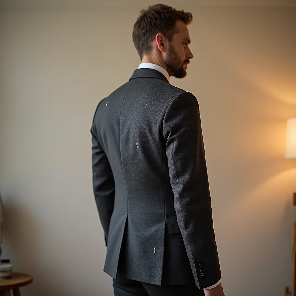 Giacca da uomo su manichino con segni di gesso per adattamento sartoriale
