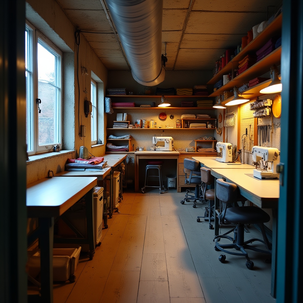 Vista panoramica dell'interno del laboratorio di sartoria con tavoli e attrezzatura