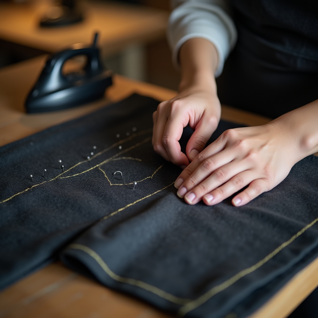 Lavorazione dell'orlo di un pantalone su tavolo da sartoria