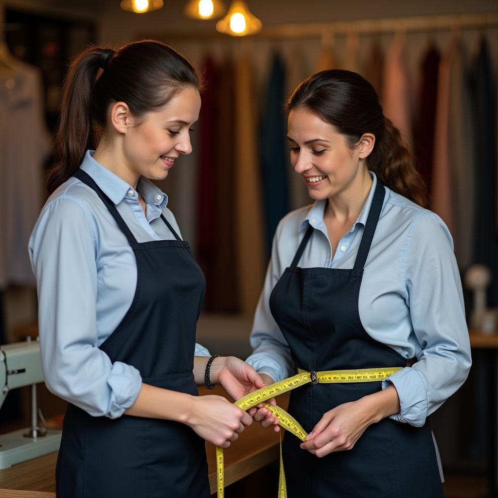 Sarta che prende le misure di un cliente per un adattamento sartoriale