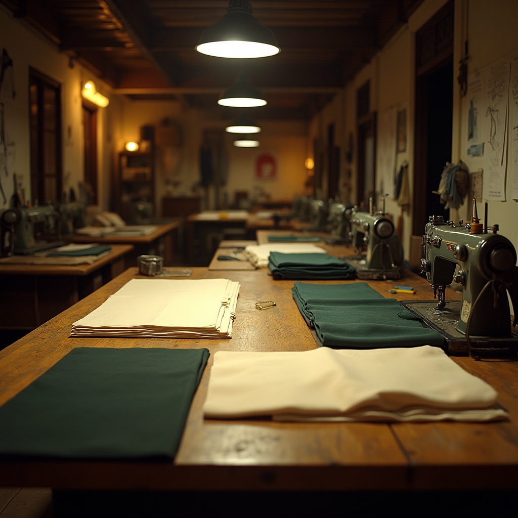 Laboratorio di sartoria con tavolo da lavoro e tessuti